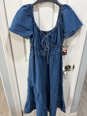 Bliss Dark Blue Denim Dress with Elastic Neckline